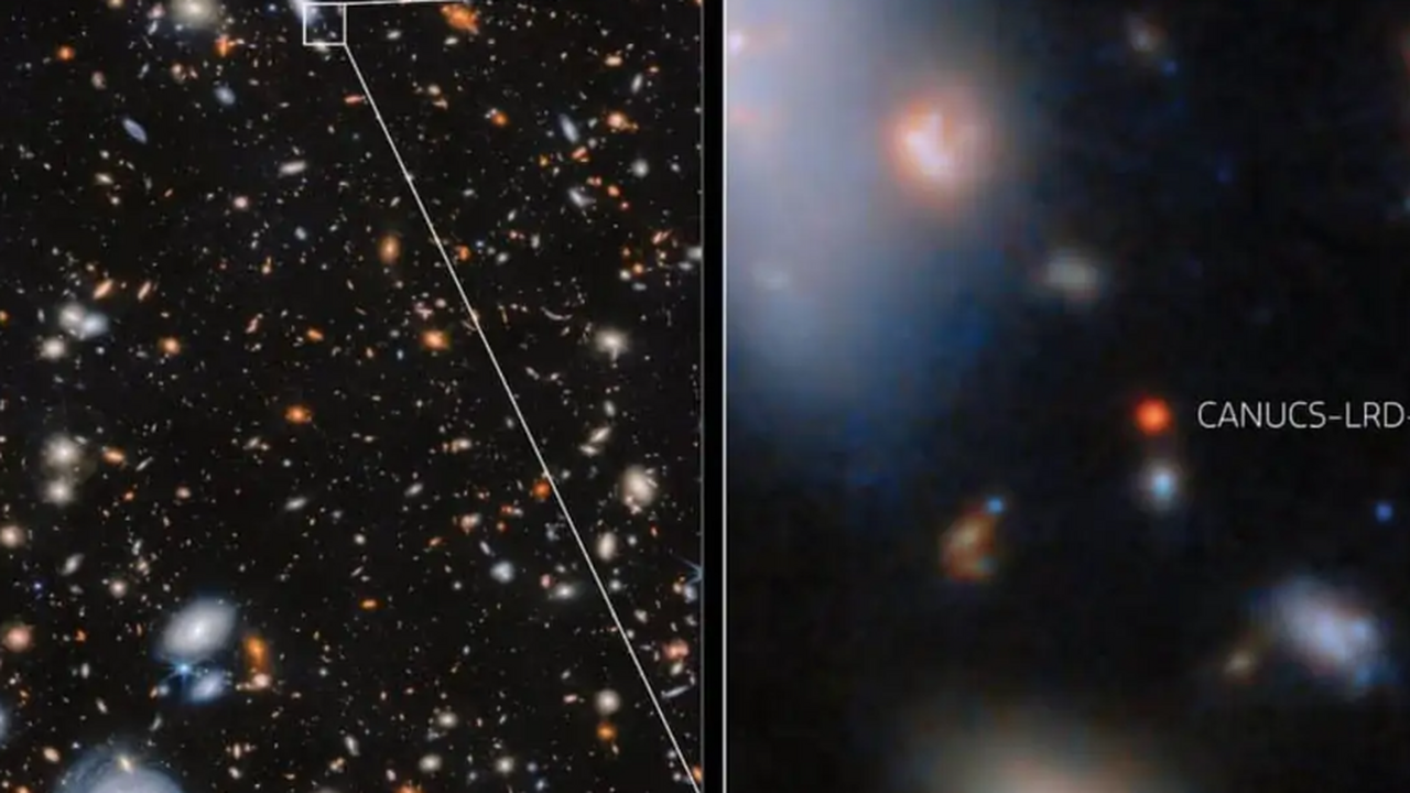Ученые нашли рекордно раннюю сверхмассивную черную дыру во Вселенной Наблюдения галактики CANUCS-LRD-z8.6, выполненн...