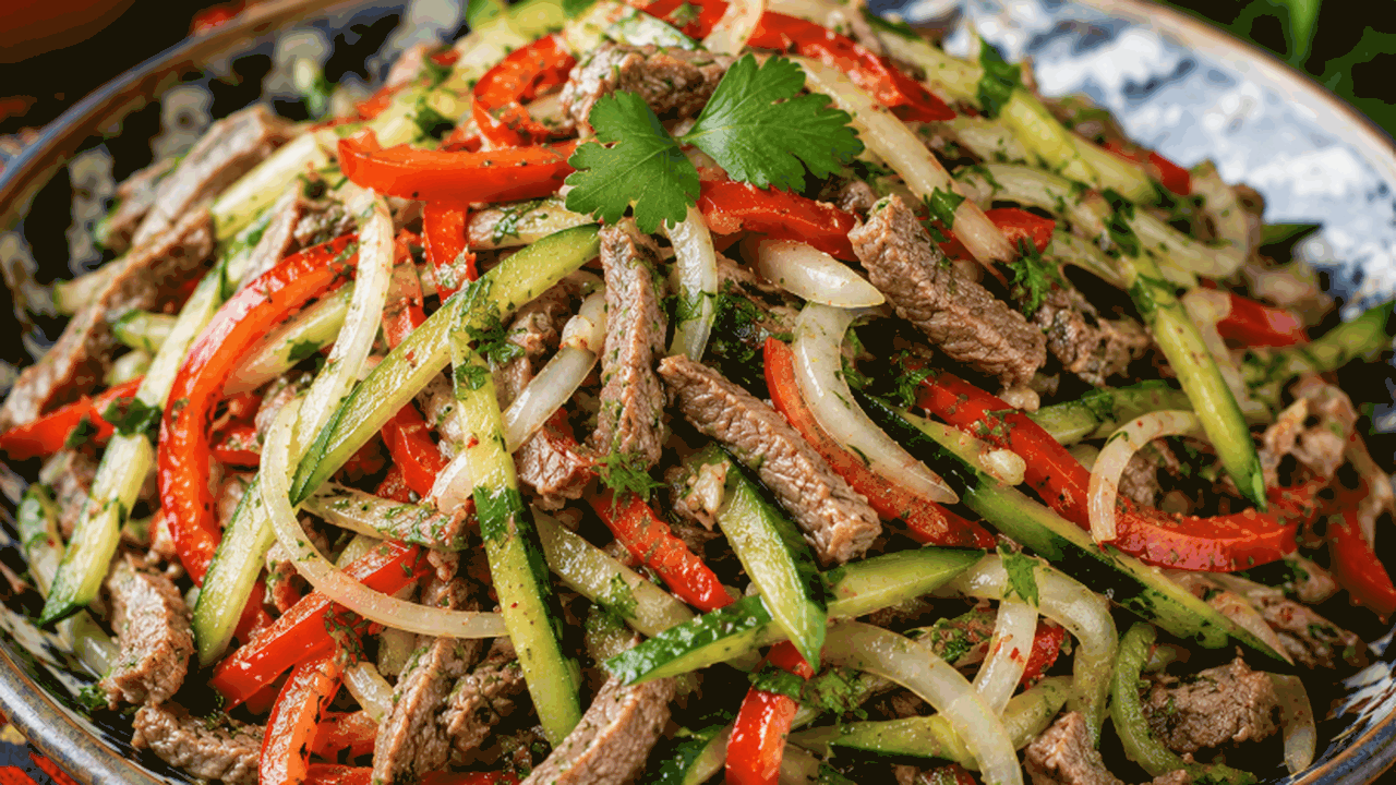Салат «Узбекистан» с редькой, мясом, жареным лу...