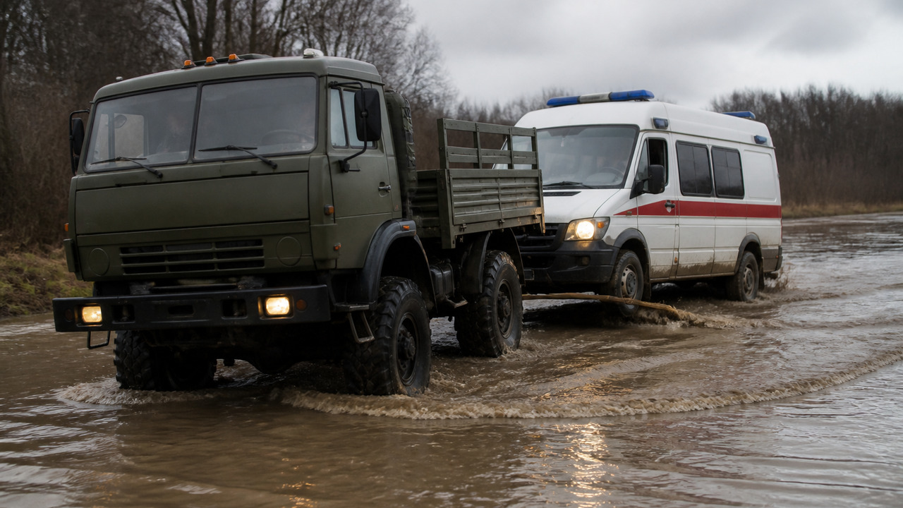 Скорая помощь переправляется через потоп на КамАЗе В Свердловской области из-за паводка на трассе ...