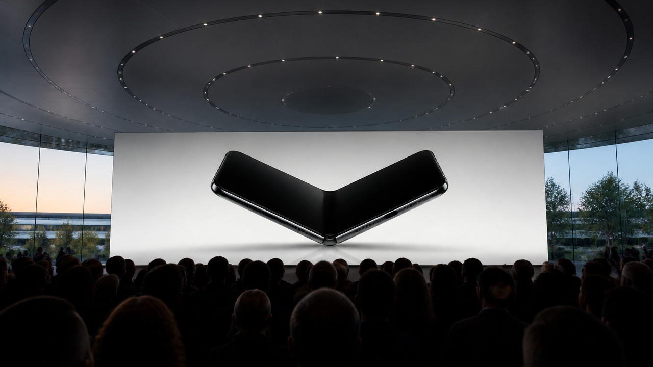 Фотореалистичная сцена презентации в Apple Park...